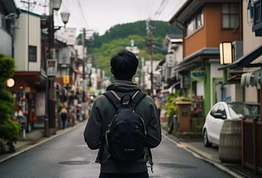 リュックを背負って旅している男性