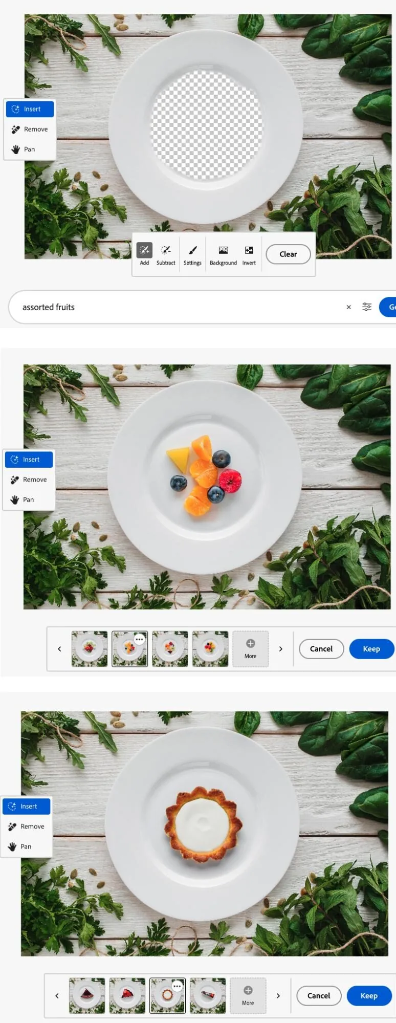 ３つのお皿と異なるデザートが置かれている画像