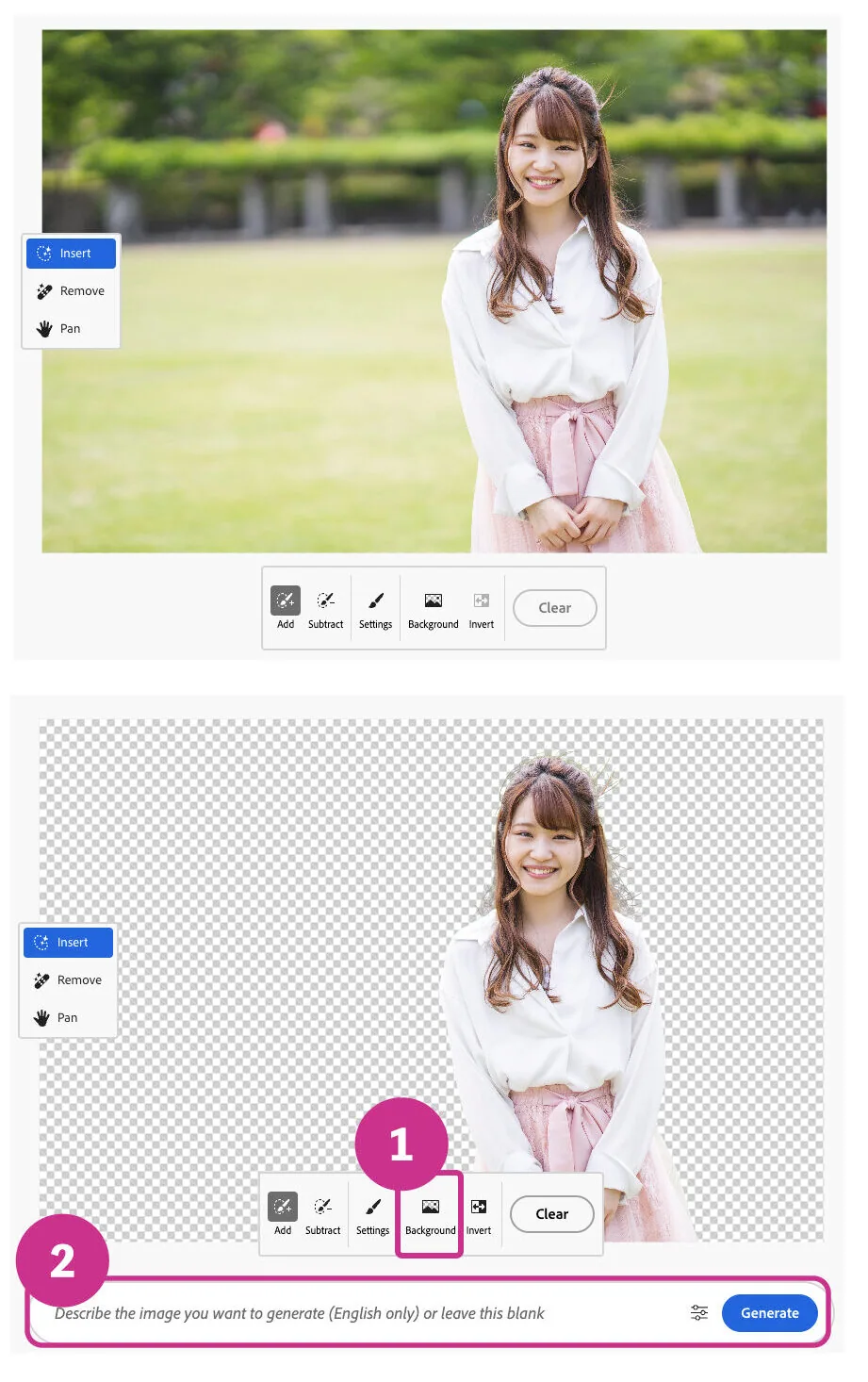 女性の画像と背景があるのと消えている画像