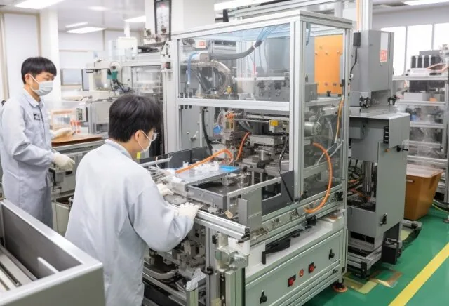 企業のマシーンの研究をしている男性