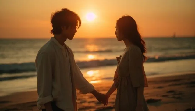 夕陽の中で二人で向き合っているツインレイ男女の影
