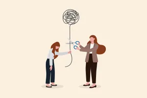 もやもやを断ち切る女性のイラスト