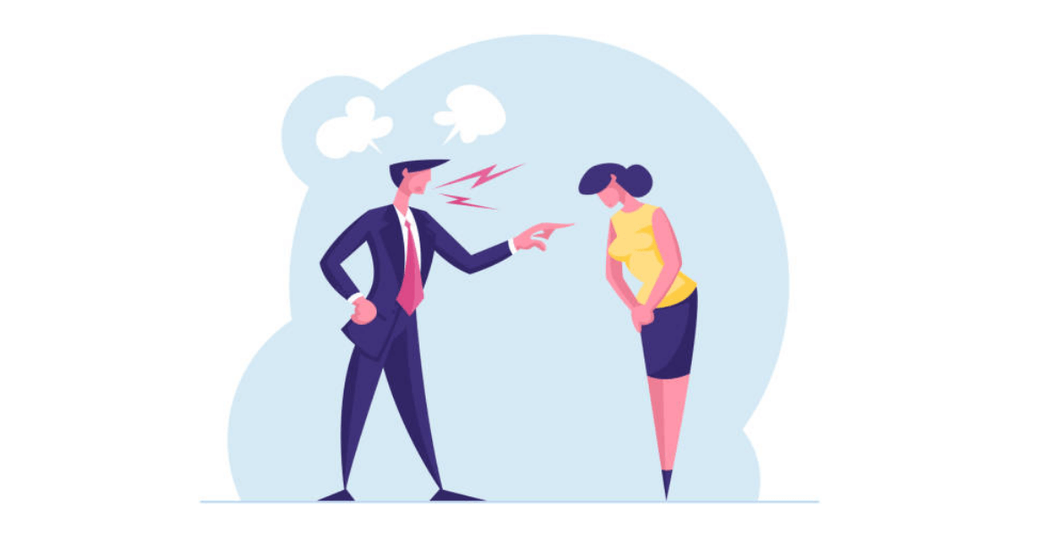 怒っている人と頭を下げている人