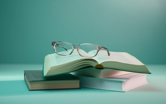 いくつかの積み重なった本の上に置いてある眼鏡