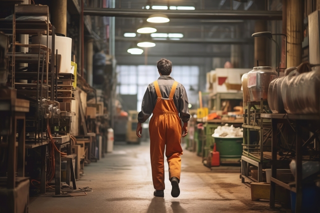 工場内を歩いている作業服の男性
