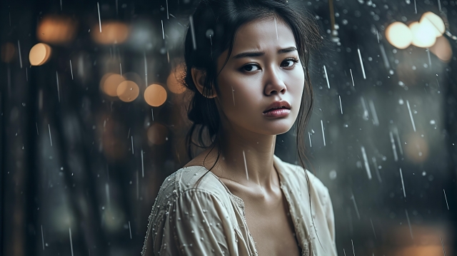 雨に降られながら苦痛な表情をしている女性
