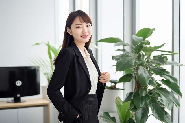 黒のスーツ姿でオフィスで立っている女性